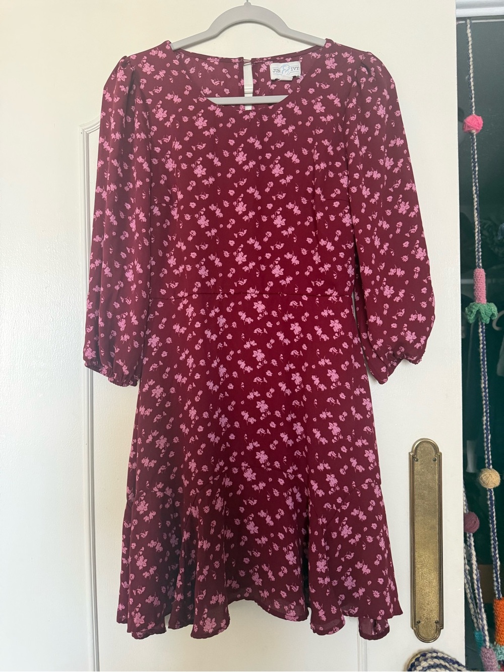 Francesca's Collections Maroon Mini Dress with Pink Floral Print